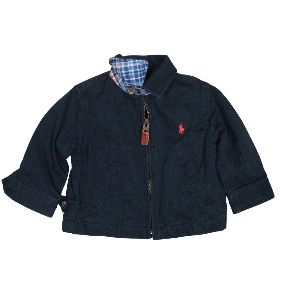 Polo Ralph Lauren Harrington Jacket Plaid Collar Classic Preppy Navy Baby 12M